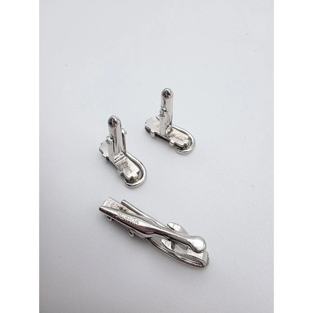 76 Yr Old Vtg SWANK Cufflinks‎ & Tie Clip Bar Set Silver Tone & Onyx FREE SHIP!!